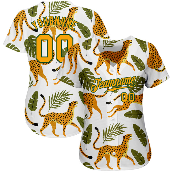 Custom White Gold-Green 3D Pattern Design Leopards And Tropical Palm Leaves Authentic Baseball Jersey