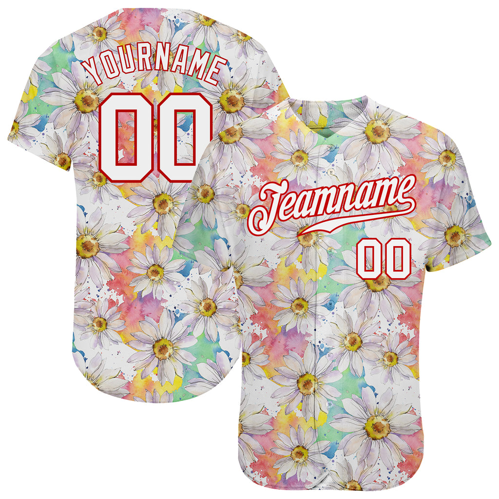 Custom White White-Red 3D Pattern Design Daisy Authentic Baseball Jersey