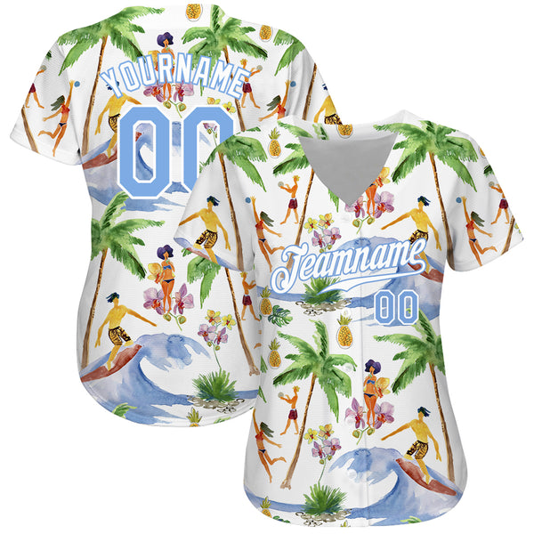 Custom White Light Blue-White 3D Pattern Design Hawaii Palm Trees Authentic Baseball Jersey