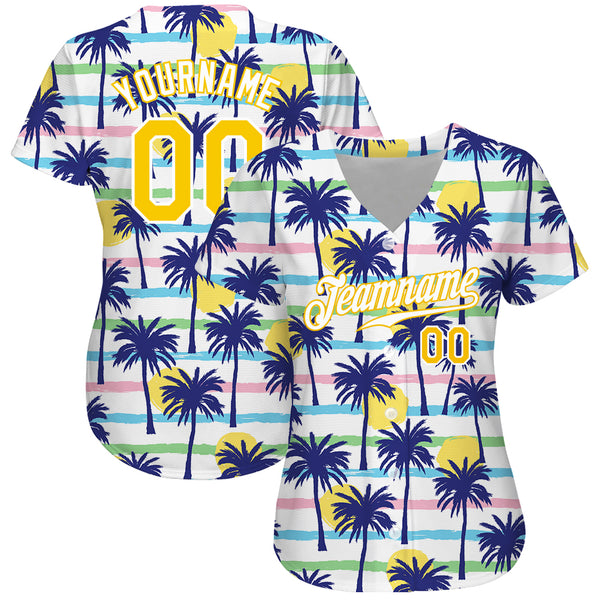 Custom White Gold-White 3D Pattern Design Hawaii Palm Trees Authentic Baseball Jersey