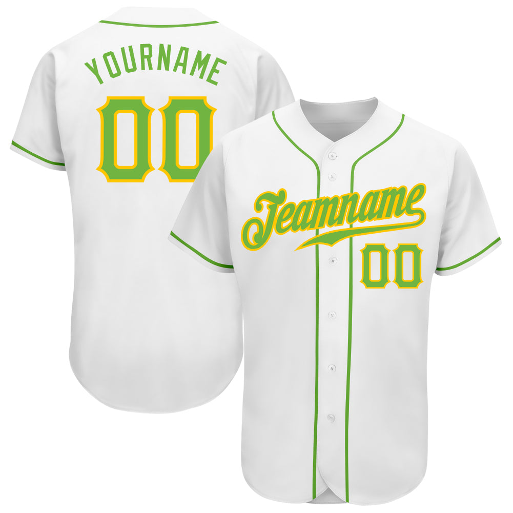 Custom White Neon Green-Gold Authentic Baseball Jersey